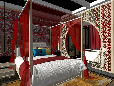 Chinese Style Hotel Guest Room With Red Drapes Carved Screens And Decorative Walls 3d model