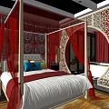 Chinese Style Hotel Guest Room With Red Drapes Carved Screens And Decorative Walls