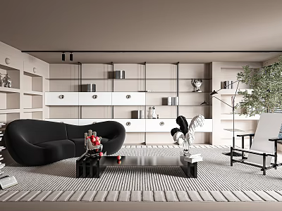 Modern Living Room Interior Design With Black Sofa Wall Shelves Green Plant And Striped Rug 3d model