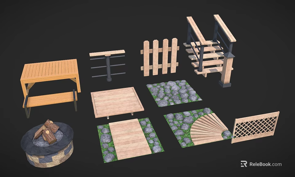 Outdoor Garden Scene Components With Wooden Table Fence Stone Path And Fire Pit 3d model 