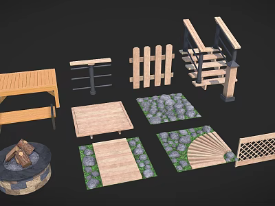 Outdoor Garden Scene Components With Wooden Table Fence Stone Path And Fire Pit 3d model