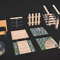 Outdoor Garden Scene Components With Wooden Table Fence Stone Path And Fire Pit