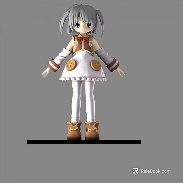 3D Young Girl Character Model With Gray Hair Blue Eyes White Dress And Brown Boots 3d model 