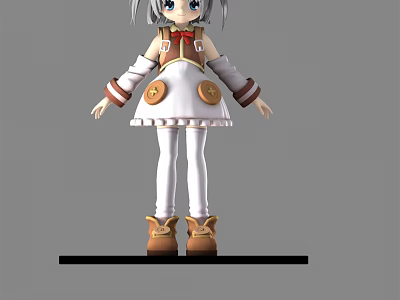 3D Young Girl Character Model With Gray Hair Blue Eyes White Dress And Brown Boots 3d model