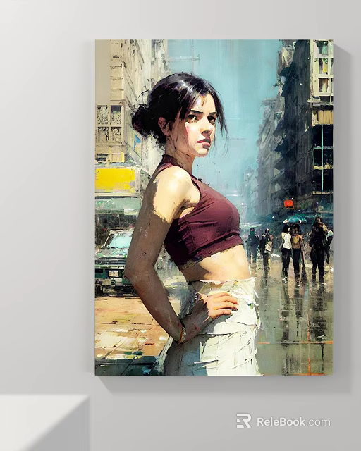 Vibrant Female Portrait Painting With Maroon Sleeveless Crop Top And Urban Street Background 3d model 