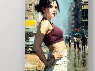 Vibrant Female Portrait Painting With Maroon Sleeveless Crop Top And Urban Street Background 3d model