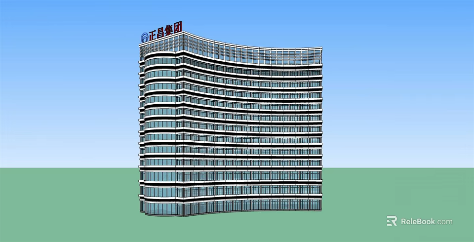 Modern High Rise Office Building With Curved Glass Facade And Corporate Logo 3d model 