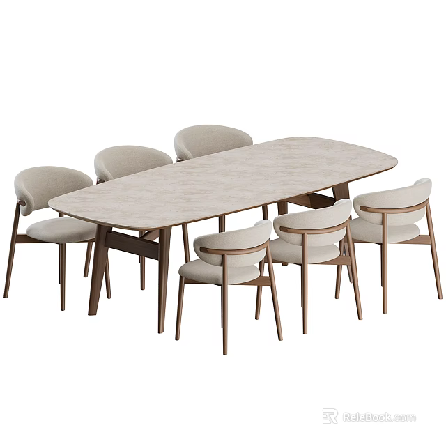 Modern Minimalist Dining Table Set With Oval Table And Six Beige Chairs 3d model