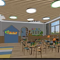 Modern Kindergarten Classroom With Wooden Ceiling Round Lights Tables Chairs Bookshelves And Toys