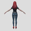 Red Haired Female Game and Movie Character in Black T shirt Red Heart Logo Blue Jeans Red Heels