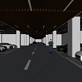 Modern Parking Garage Entrance Design with Yellow Floor Stripes Gray Walls and Black Striped Ceiling