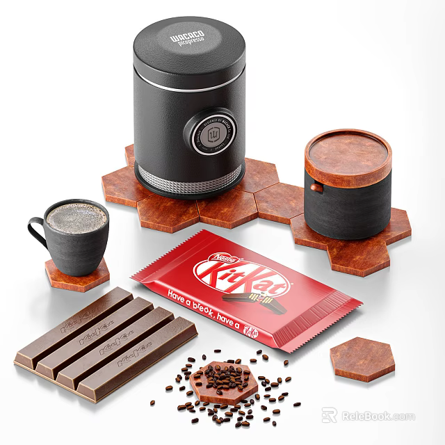 Delicious Coffee Drink With Coffee Machine Coffee Cup KitKat Chocolate Beans And Wooden Trays 3d model 