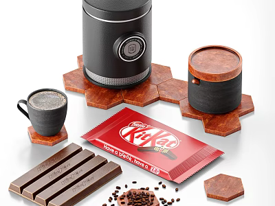 Delicious Coffee Drink With Coffee Machine Coffee Cup KitKat Chocolate Beans And Wooden Trays 3d model