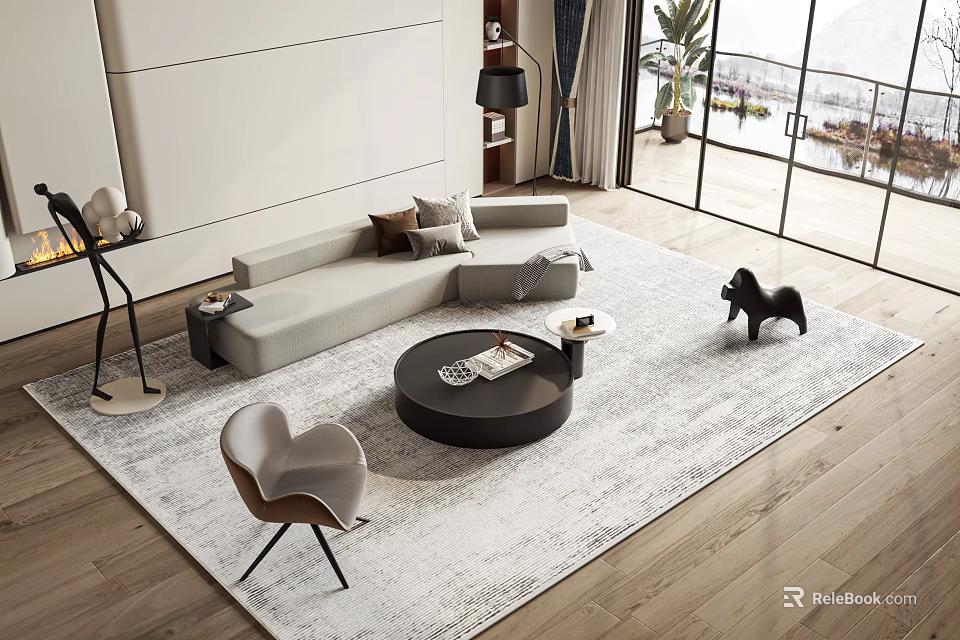 Modern Gray L Shaped Sofa and Coffee Table Set with Accent Chair and Area Rug 3d model 