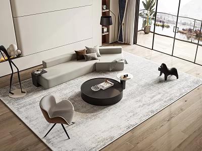 Modern Gray L Shaped Sofa and Coffee Table Set with Accent Chair and Area Rug 3d model