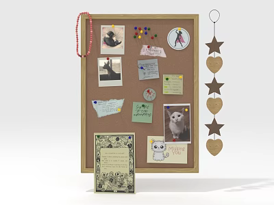 Corkboard Display with Photos Notes Push Pins Decorative Hanging Stars Hearts and Front Decorative Card 3d model