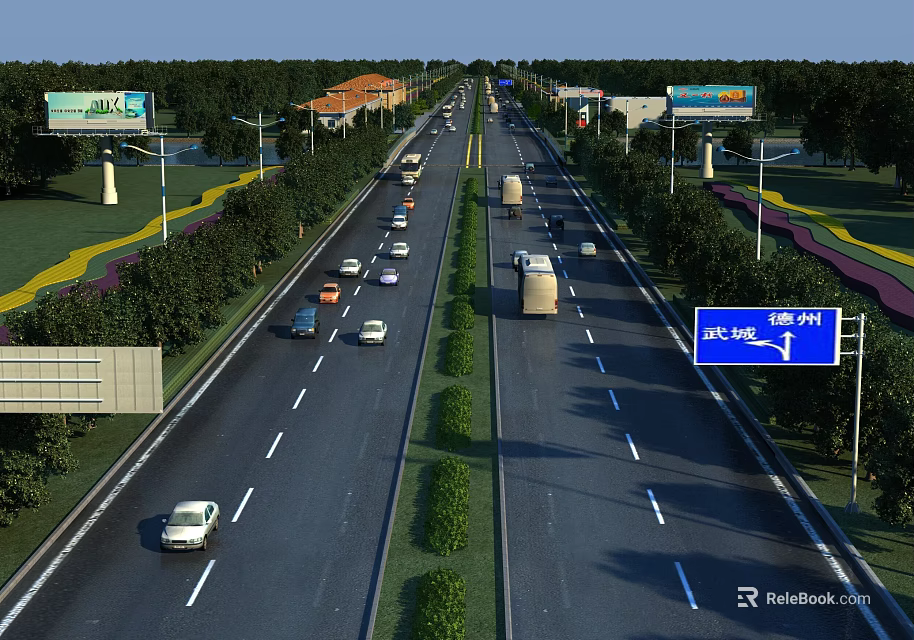 Highway Road Infrastructure With Multiple Lanes Green Belts And Directional Signs 3d model 