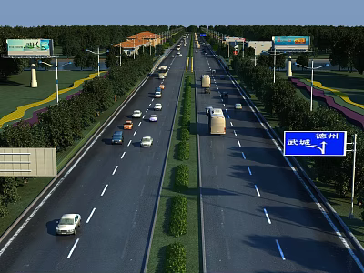 Highway Road Infrastructure With Multiple Lanes Green Belts And Directional Signs 3d model