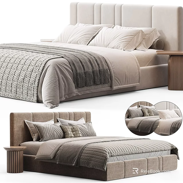Modern Double Bed Design With Knitted Blanket Pillows And Wooden Nightstand 3d model 