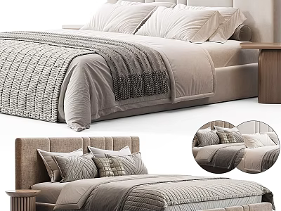 Modern Double Bed Design With Knitted Blanket Pillows And Wooden Nightstand 3d model
