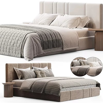 Modern Double Bed Design With Knitted Blanket Pillows And Wooden Nightstand 3d model