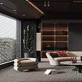 Modern Living Room With Sofa Armchairs Coffee Table Shelves And Floor Lamp