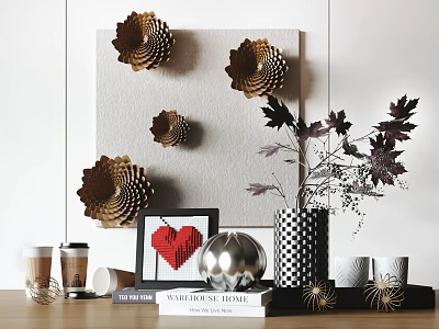 Decorative Ornament Set with Wall Hanging Ornaments Heart Frame Silver Sphere Leafy Vase and Books 3d model