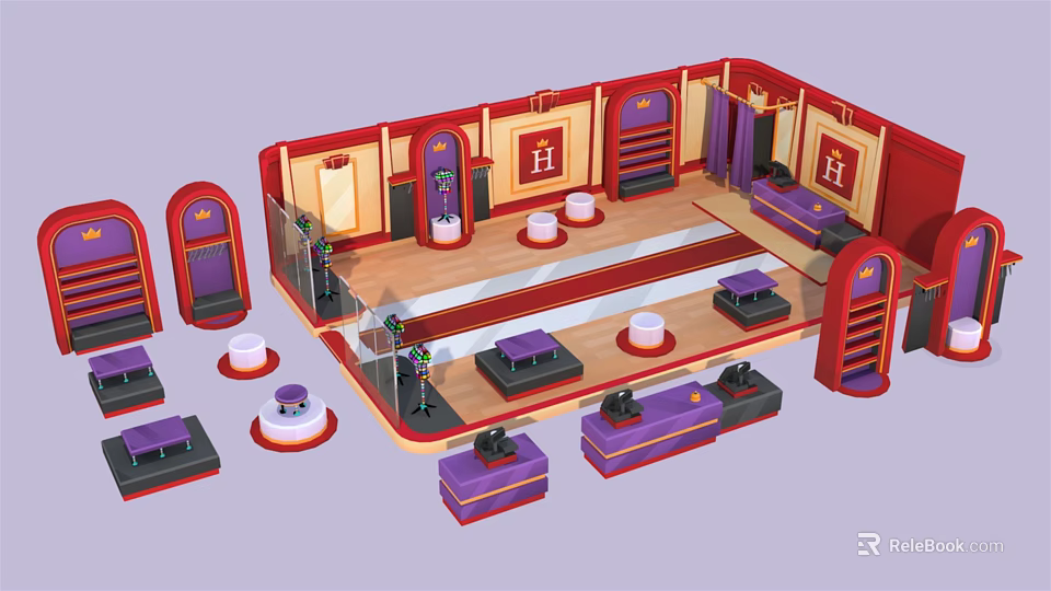 Cartoon Style Indoor Stage Scene With Red Purple Decor Steps And Seats 3d model 