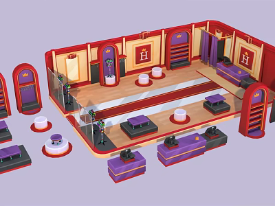 Cartoon Style Indoor Stage Scene With Red Purple Decor Steps And Seats 3d model