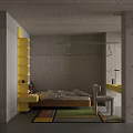 Modern Industrial Single Bed In Raw Concrete Bedroom With Bright Yellow Storage Furniture And Colorful Rug