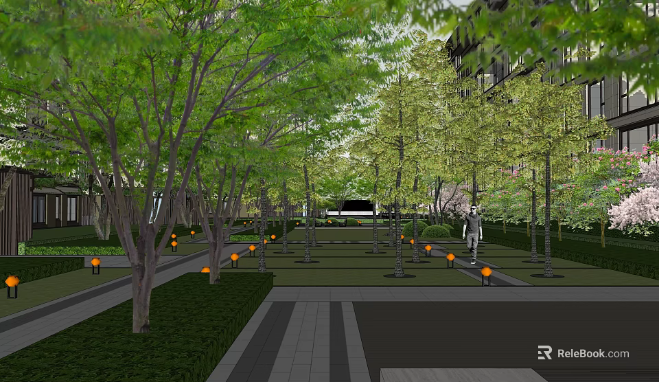 Tranquil Garden Landscape Featuring Lined Trees Stone Path Lawn And Evening Lights 3d model 