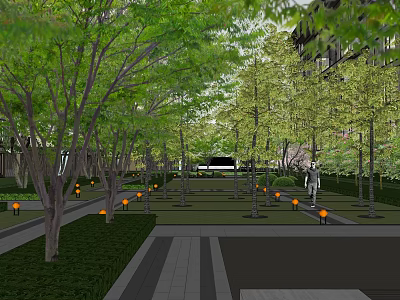 Tranquil Garden Landscape Featuring Lined Trees Stone Path Lawn And Evening Lights 3d model