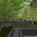 Tranquil Garden Landscape Featuring Lined Trees Stone Path Lawn And Evening Lights