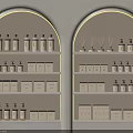 Elegant Arched Shelves Displaying Aromatherapy Diffusers Bottles And Decorative Boxes