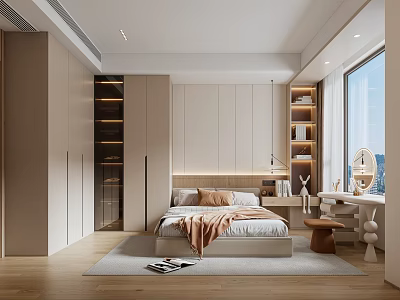 Modern Bedroom Interior Design With Bed Cabinets Large Window Desk And Soft Rug 3d model
