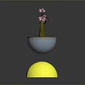 Pink Flowering Plant in White Pot with Yellow Hemispherical Base and Floating on Gray Background