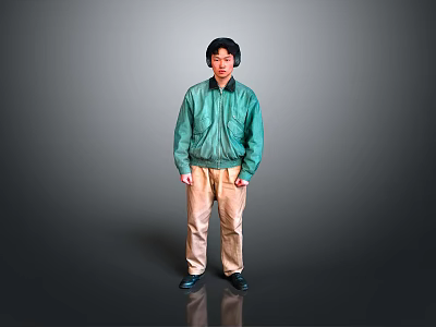 Man in Green Jacket and Beige Pants Standing with Headphones on Gray Background 3d model