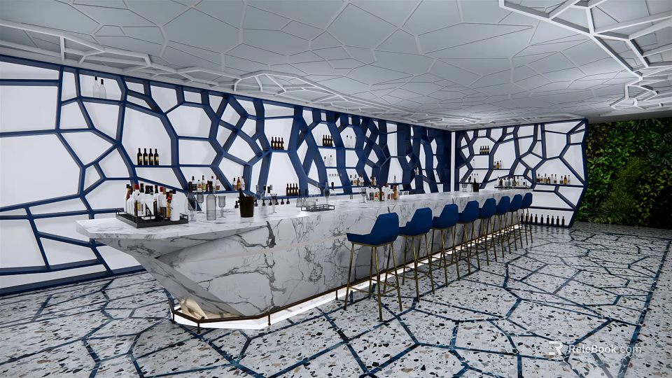 Stylish Bar Interior Featuring Geometric Patterned Walls Marble Counter And Blue High Chairs 3d model