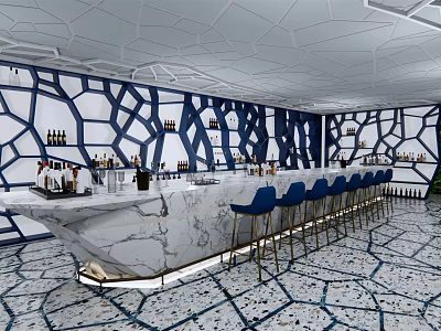 Stylish Bar Interior Featuring Geometric Patterned Walls Marble Counter And Blue High Chairs 3d model
