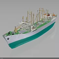 Detailed White and Green Cargo Vessel Model with Masts and Cranes