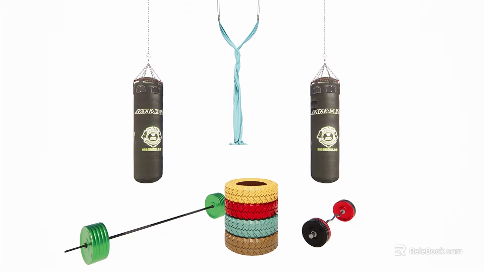 Essential Sports Equipment Featuring Punching Bags Blue Strap Colored Weights and Barbell 3d model 