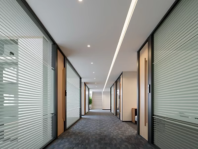 Modern Office Corridor Interior With Glass Partitions Blinds And Recessed Lighting 3d model