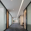 Modern Office Corridor Interior With Glass Partitions Blinds And Recessed Lighting