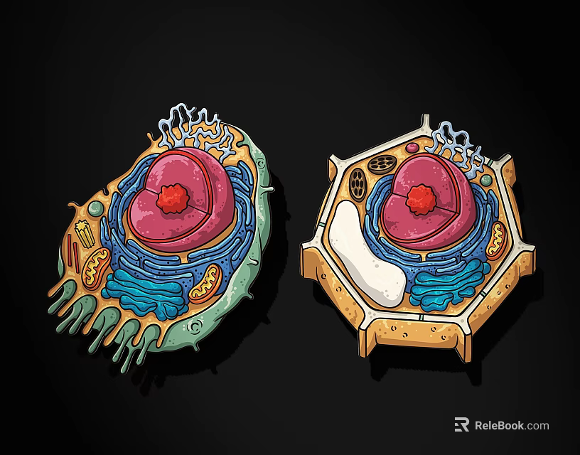Animal and Plant Cell Structure Diagram with Nucleus Organelles and Membrane 3d model 