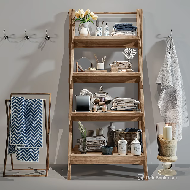 Wooden Storage Shelving Unit with Stacked Towels Decorative Vase Jars and Storage Basket 3d model 