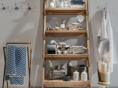 Wooden Storage Shelving Unit with Stacked Towels Decorative Vase Jars and Storage Basket 3d model