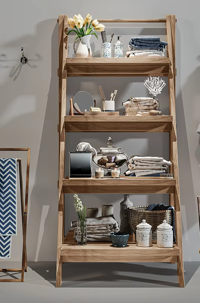 Wooden Storage Shelving Unit with Stacked Towels Decorative Vase Jars and Storage Basket 3d model