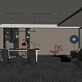 Modern Office Interior With Desk Ergonomic Chair Bookshelf Sofa Wall Clock And Carpet