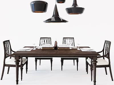 Elegant Wooden Dining Table With Classic Chairs And Black Pendant Lights 3d model