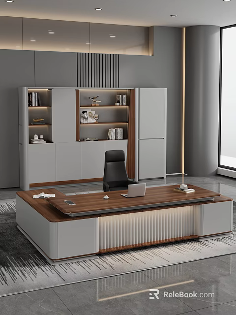 Modern Office Interior With Wooden Desk Laptop Documents And Bookshelf Cabinet 3d model 
